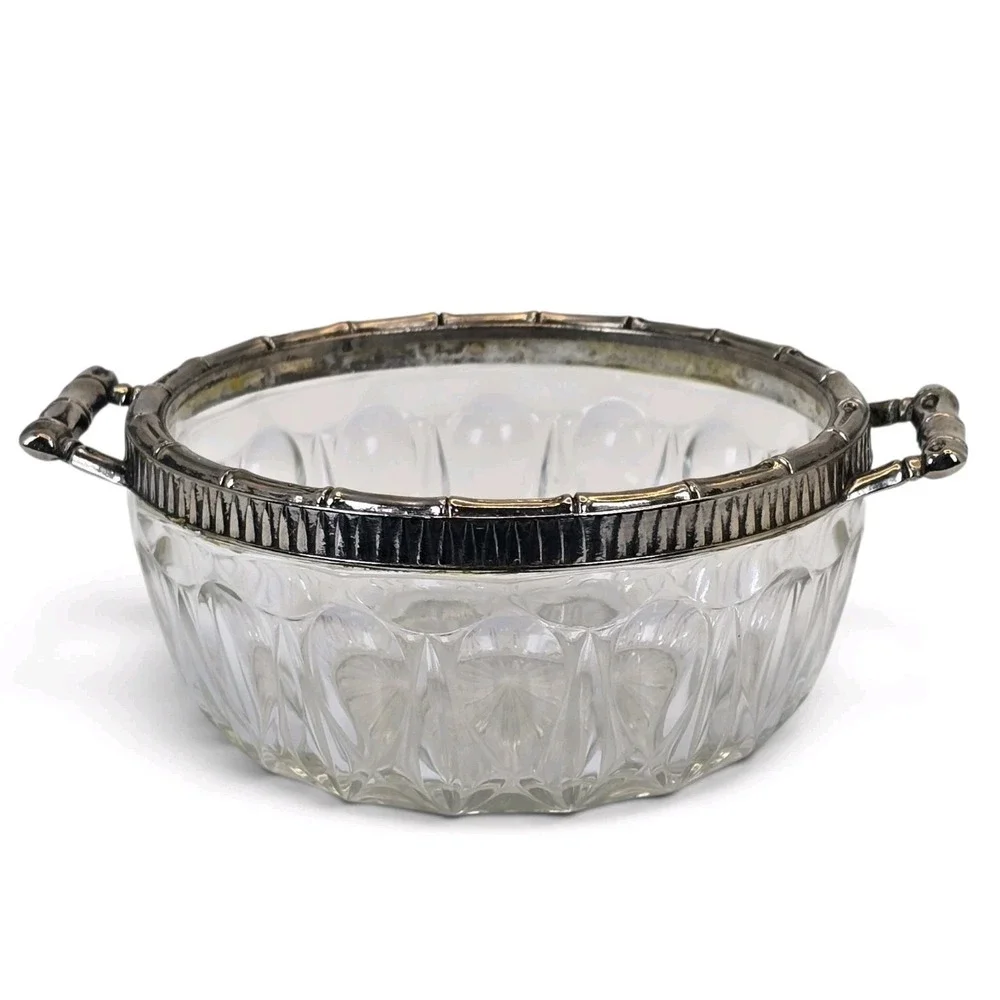 Vintage Reims France Cut Crystal Silverplate Bamboo Handle Serving Bowl